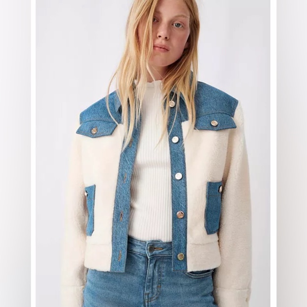 Maje Bamia Denim Trim Faux Fur Jacket size 40